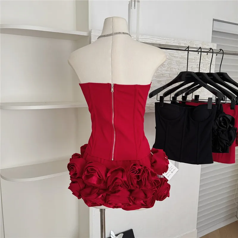 Hotsweet Girl Red Black Sexy 2 Pieces Sets Strapless Slash Neck Short Vest Top&3D Rose Flower Mini Skirt Luxury Chic 2pc Suits