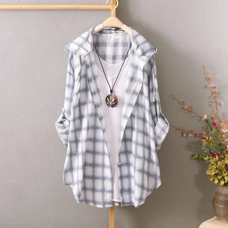 Fashion Sun-Proof Hooded 2024 Cotton Spring And Summer Women\'s Plaid Shirt Top-Grade Loose Coat Shirt Women