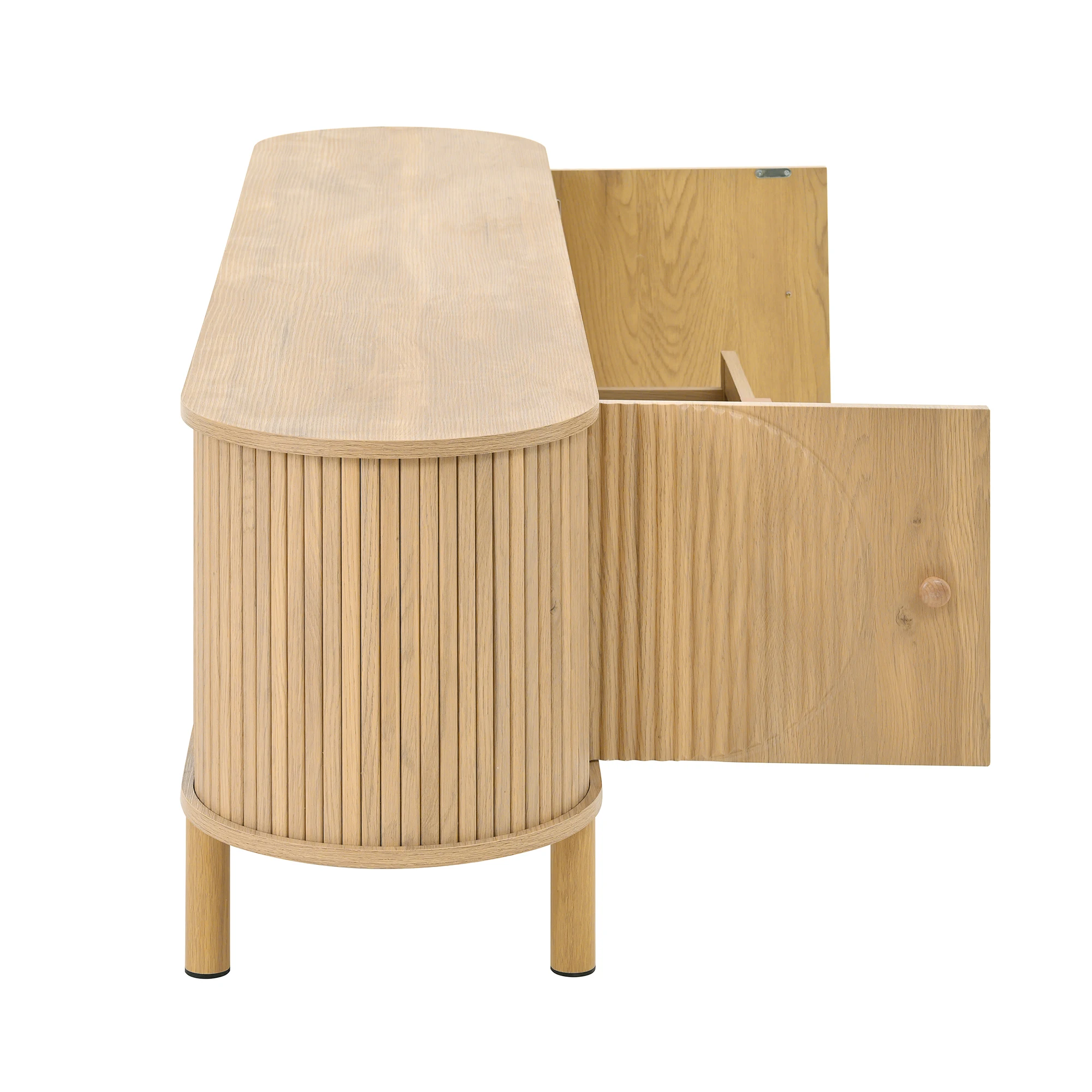 PINGGO Moderner TV-Schrank mit Rattanschublade, offenen Regalen, runder Tischplatte, Metallbeinen, Holzoptik, 175x36x41 cm – Detail 18