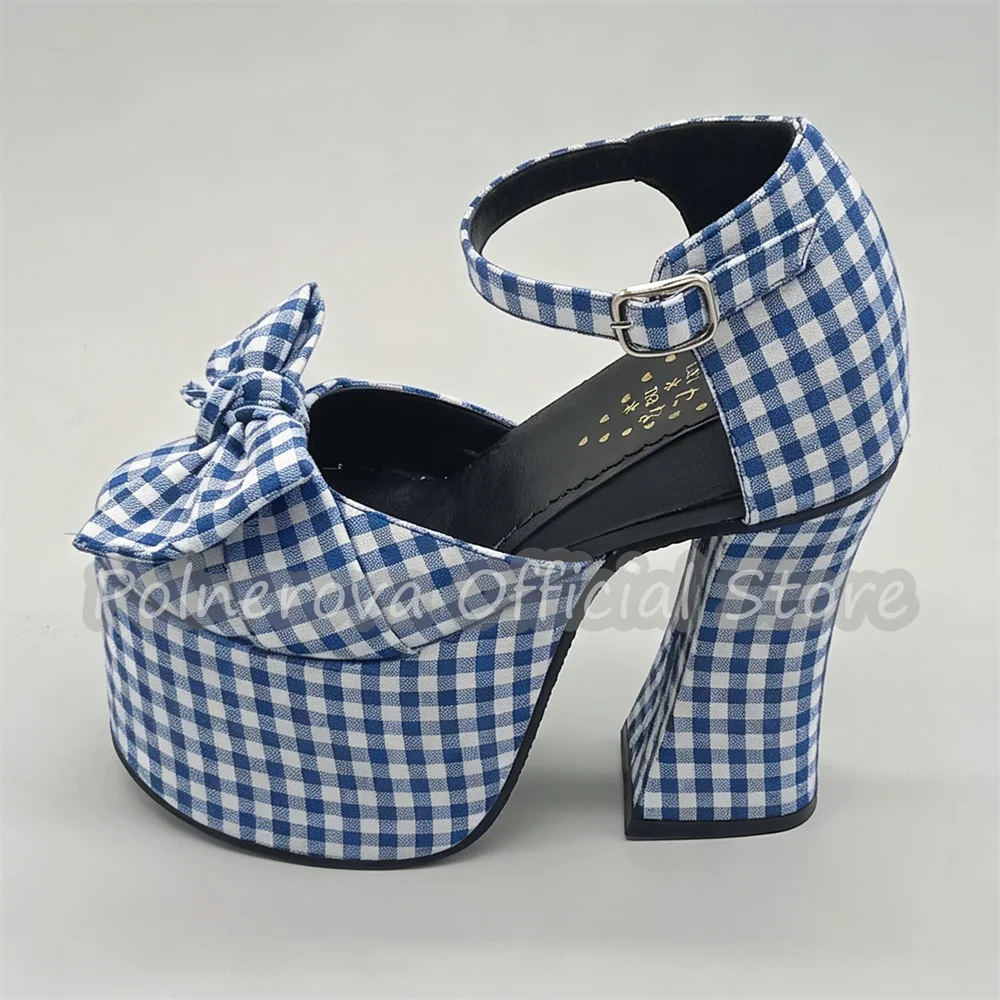 

Fashion Mixed Color Checkered Platform Women Sandals Butterfly Knot Decor 14Cm High Heel Buckle Strap Pumps Lady Gladiator Shoes