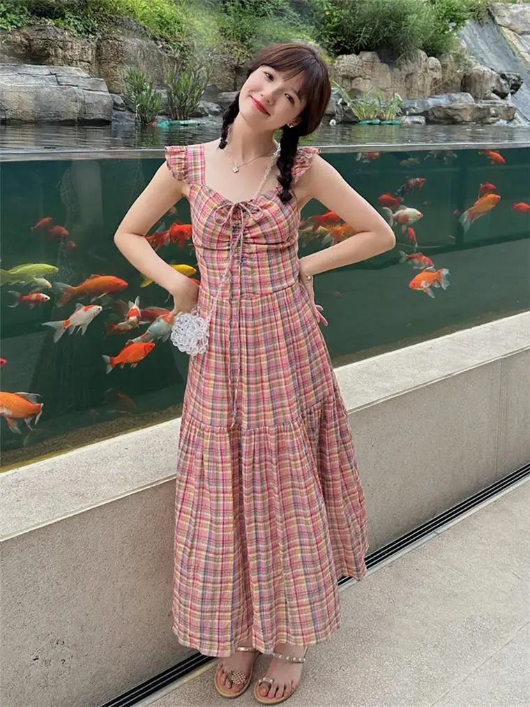 Dames zomer lange jurk mouwloos slim fit geruite bedrukte slanke a-lijn jurken chique feestzonnejurk dames vakantie vestidos