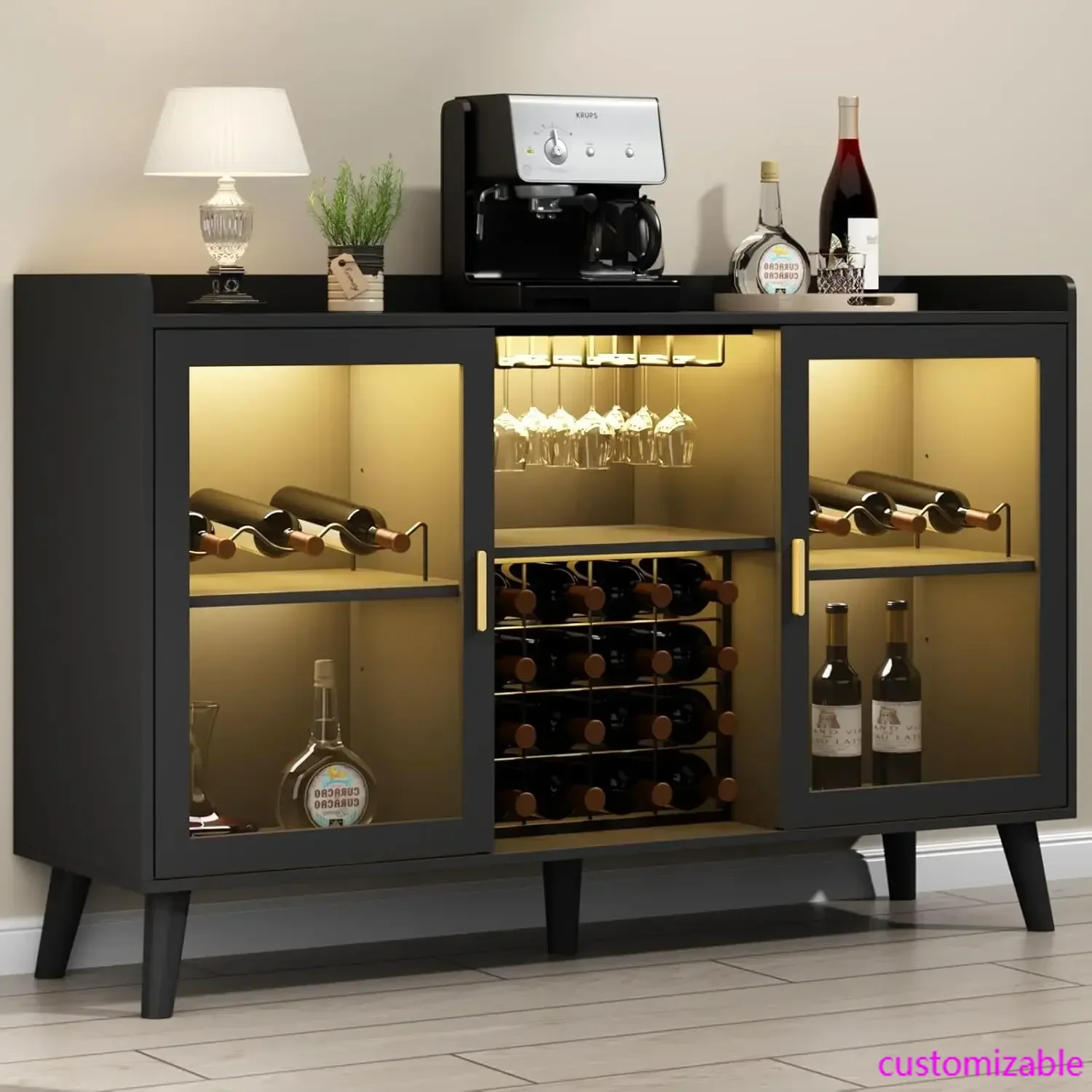 LEDライト付きワインバーキャビネット、ワインラックとガラスホルダー付きの家庭用コーヒーキャビネット、キッチンビュッフェサイドボード、収納棚付き
