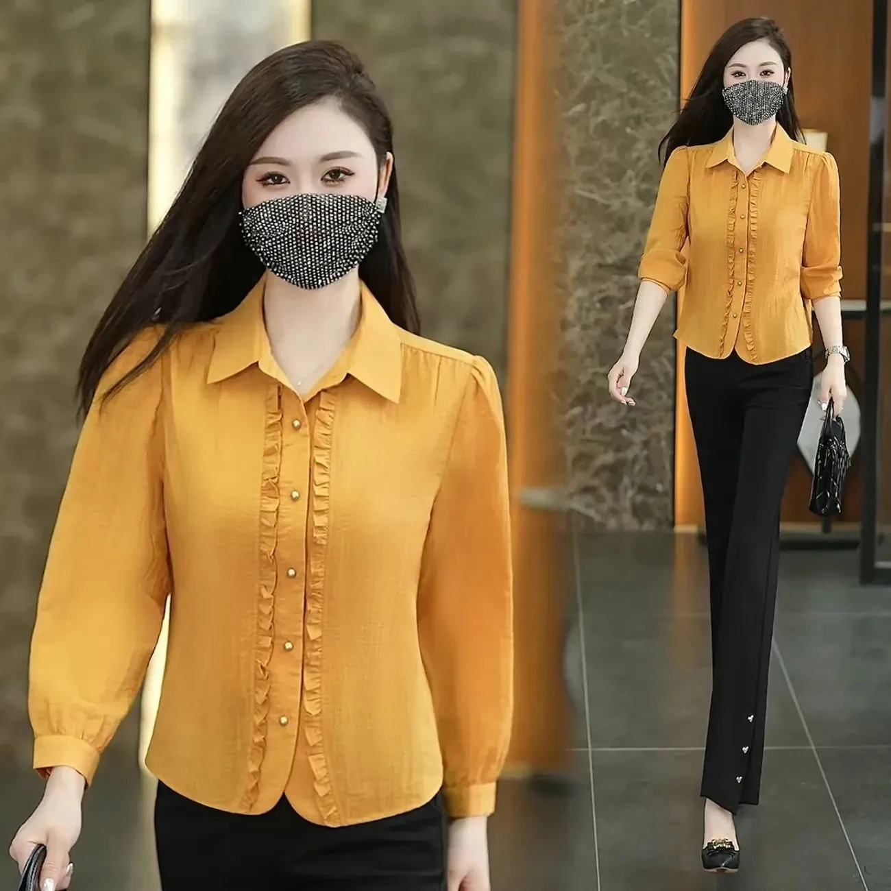 

Faionable Long Sve Ruffle irt Осенний новый Sle для похудения Sli Mommy irt Корейский Sle Свободный крой из полиэфирного волокна