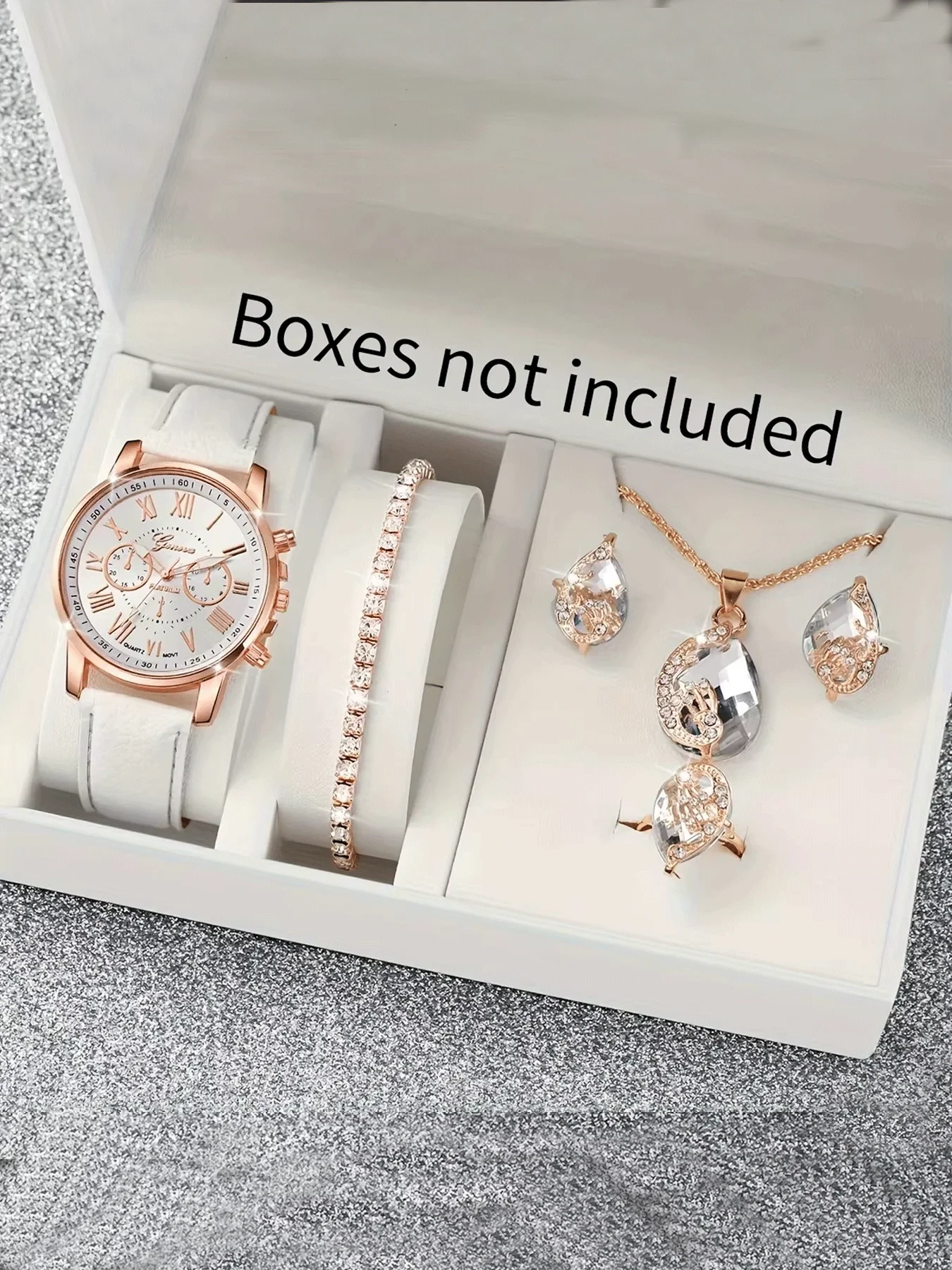 6pcs/set White Round Quartz Watch PU Leather Strap Zinc Alloy Pointer Zinc Alloy Case And Rhinestone
