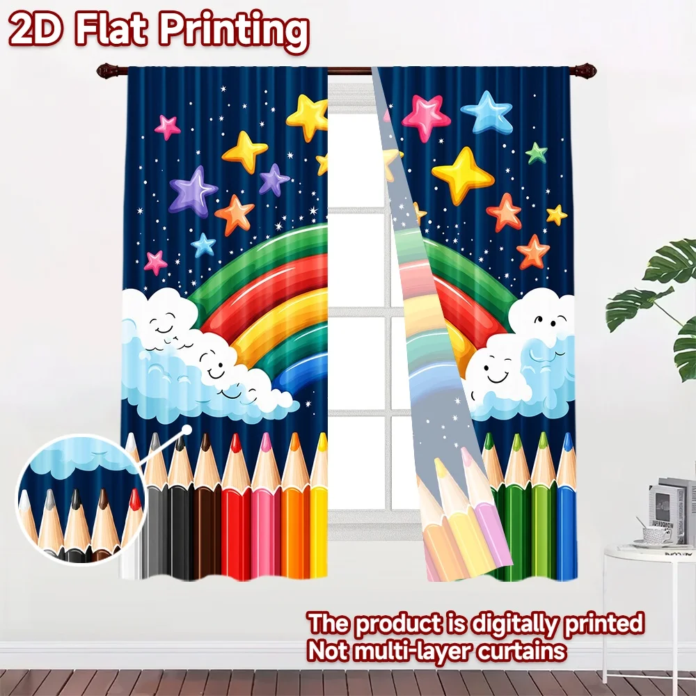 2D flat 2pcs Curtain French Romantic Style Curtains Rainbow Stars and Pencils Digitally printed polyester, colorfast Festive