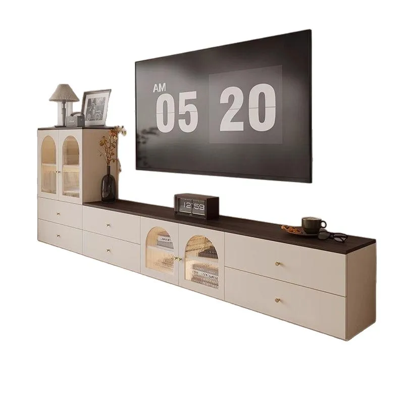 Premium cream wind TV cabinet coffee table combination living room floor household TV side cabinet storage storage