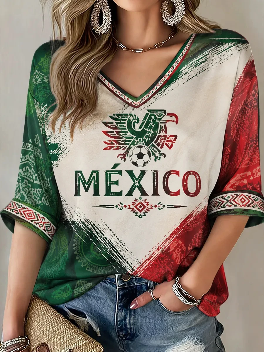 Women's Mexico Proud Art Printed Mid-length Sleeves V-Neck T-Shirt Football Cultural T-shirt