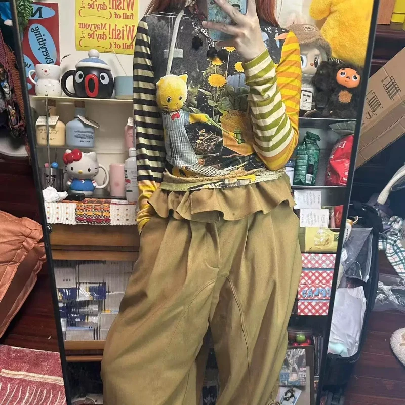 ديبتاون Y2K الكرتون Juminocore التباين اللون مخطط المرأة تي شيرت Kawaii طويلة الأكمام اليابانية 2000s نمط تيز سليم الشباب #1