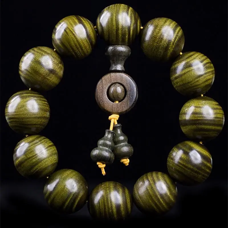 Sichuan Gold-rimmed Nanmu Bracelet Men's Plate Full of Water Waves Gentian Pattern Buddha Beads Gloomy Wood Ebony Green Material