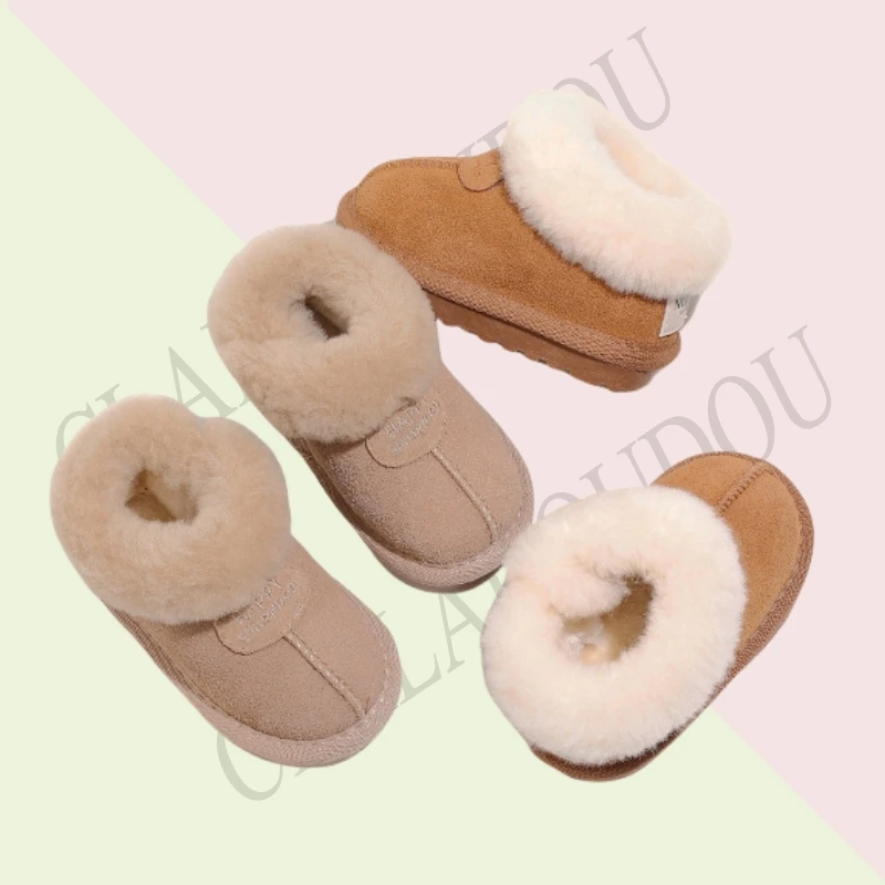 Claladoudou-zapatos de piel auténtica para niña y niño, botas de nieve gruesas de felpa, botas de invierno