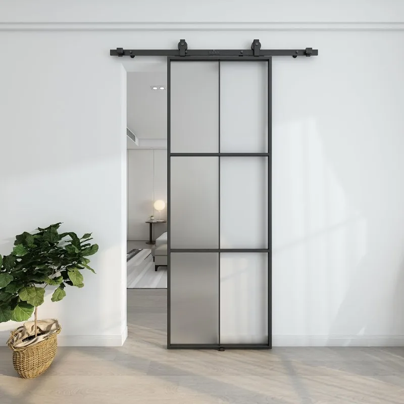 30in x 84in Aluminum Glass Barn Door Panel - DIY Frosted Tempered Glass Door Slab - Easy Assembly