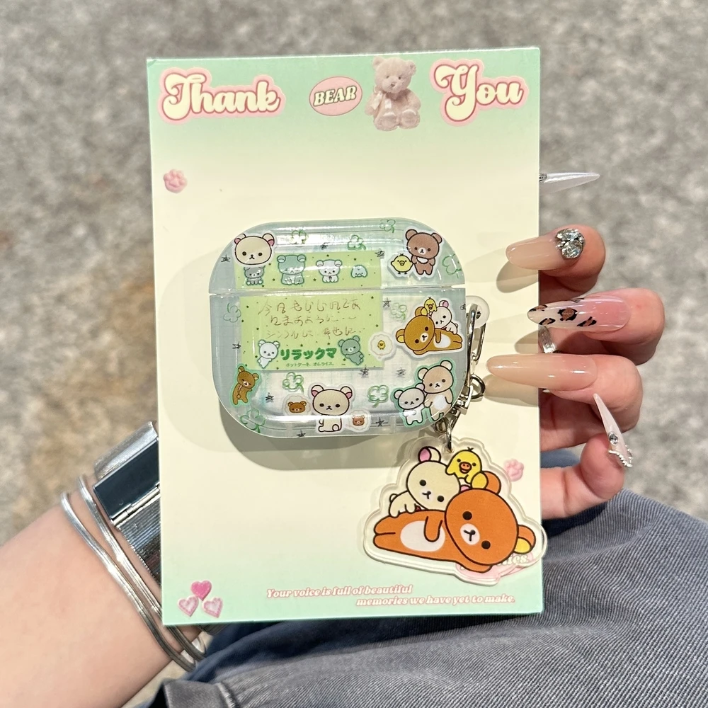 Cute Cartoon Rilakkuma Bear Earphone Case For Airpods 4 2 3 1 Pro 3 2 Wireless Bluetooth Headset Protective Cover With Pendant