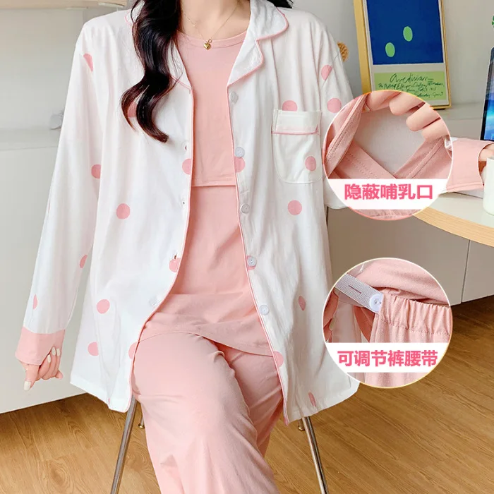 Cotton 3 Pieces Set Maternity Clothes Maternity Sleepwear Breastfeeding Sleepwear Nursing Pajamas Pregnant Women Pajamas Set