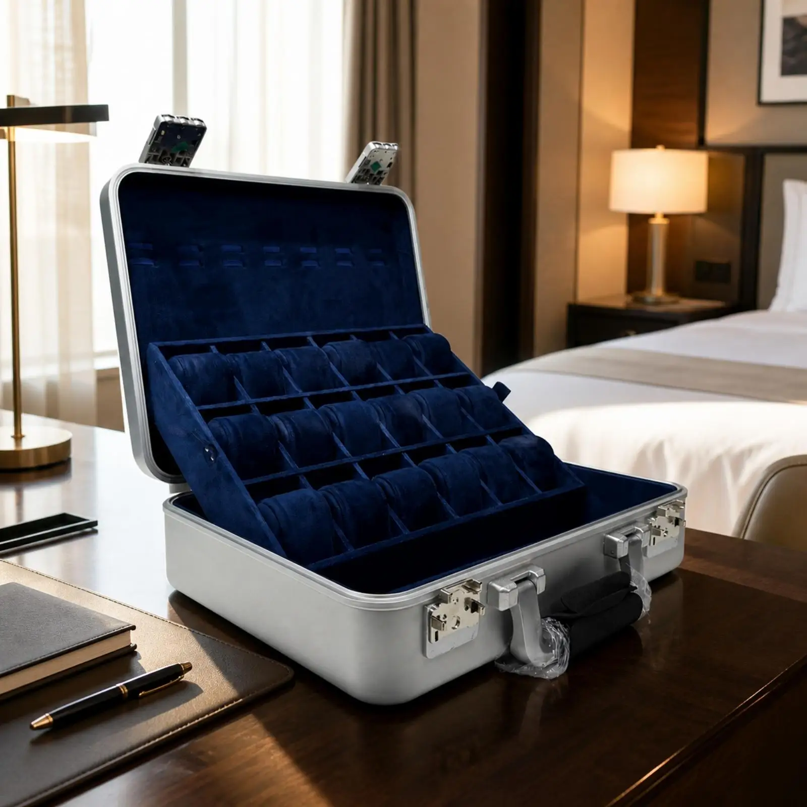 Lockable Watch Organizer Box with Top Handle for Travel Security and Scratch Protection for Valuable Timepieces