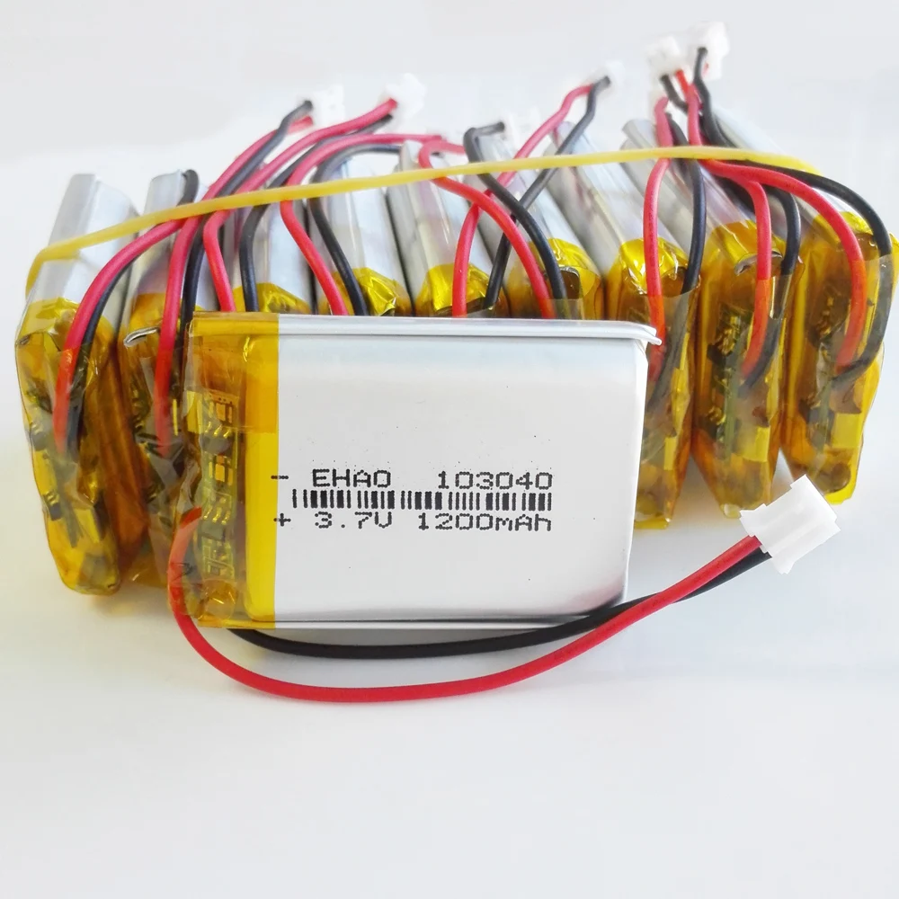 

10 PCS 3.7V 1200mAh Lithium Polymer LiPo Rechargeable Battery 103040 + JST PH 2Pin 2.0mm plug For MP3 GPS DVD