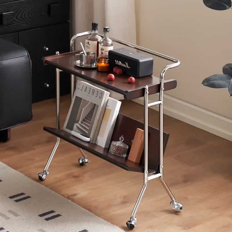 E1182 Rubber Wood Roller Cart 2 Tier Mobile Service Cart with Stainless Steel Frame Magazine Rack and Side Table