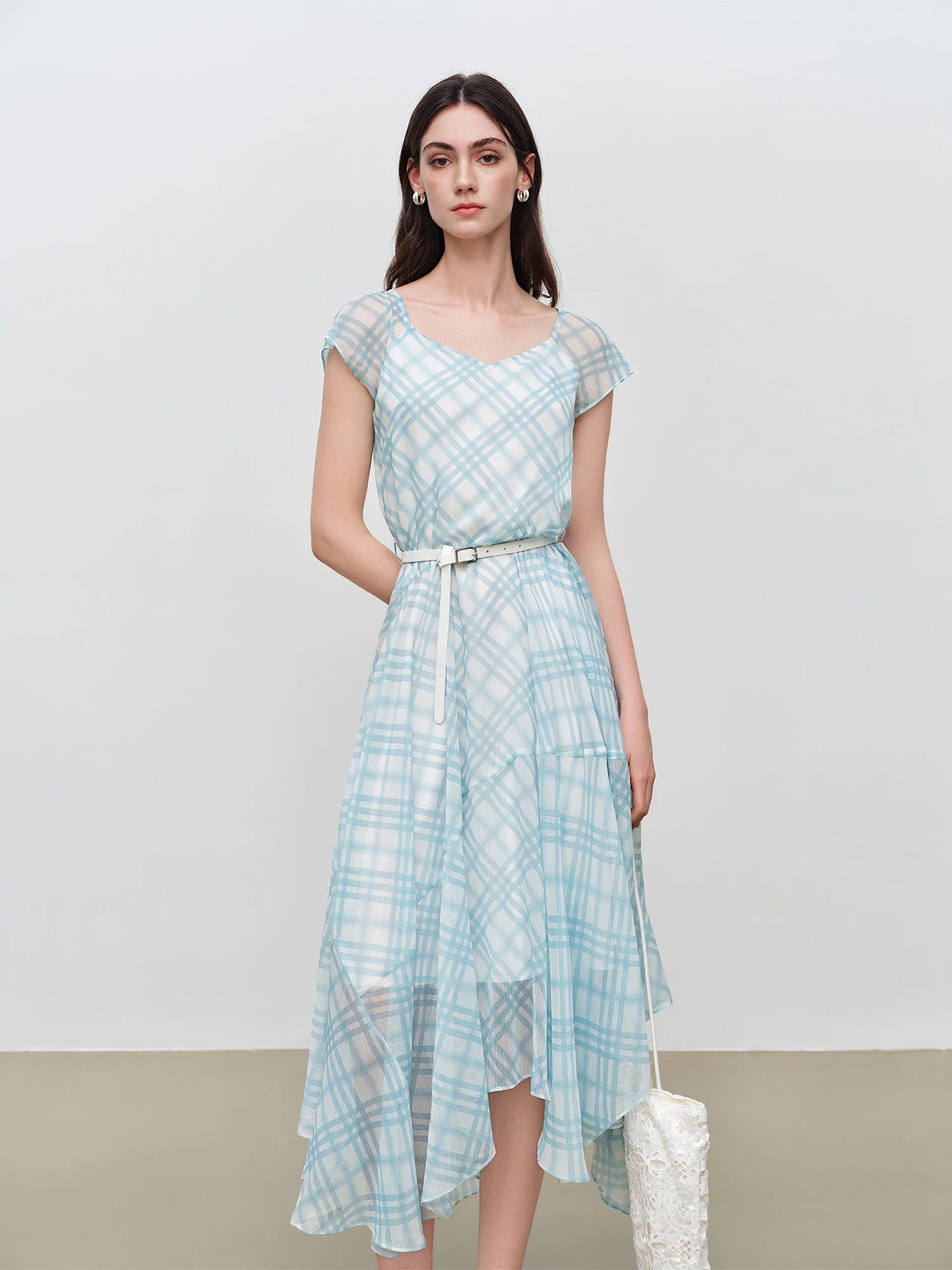 ZIQIAO 2026 Summer Women's Plaid Fit & Flare Dress Asymmetric Hem - Elegant Style for Daily Outings Special Occasions view 5