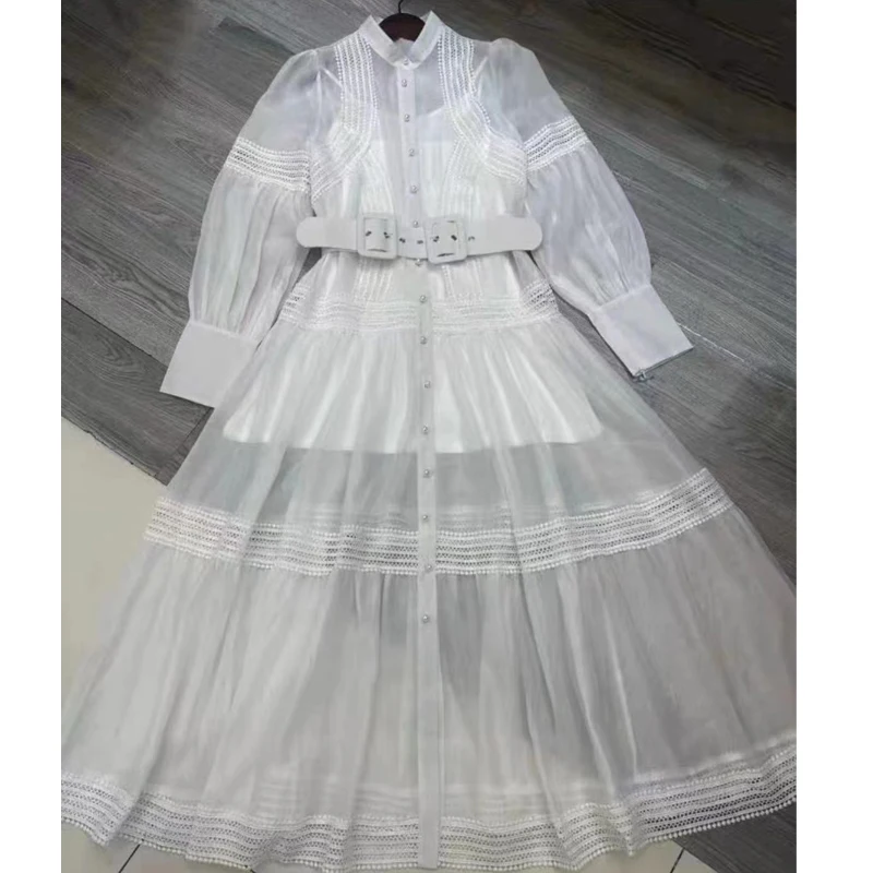 Ele Long Princ Dr with Stand Collar Hollow out Lace Pure Color A-Line Skirt Polyester Fabric Sweet Sle Women's Dr