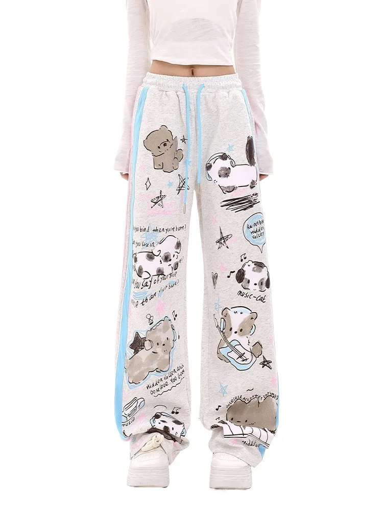 Lolita Dopamine Sweet And Fun Cat Casual Pants High Waisted Versatile Lace Up Street Dance Sports Straight Leg Pants