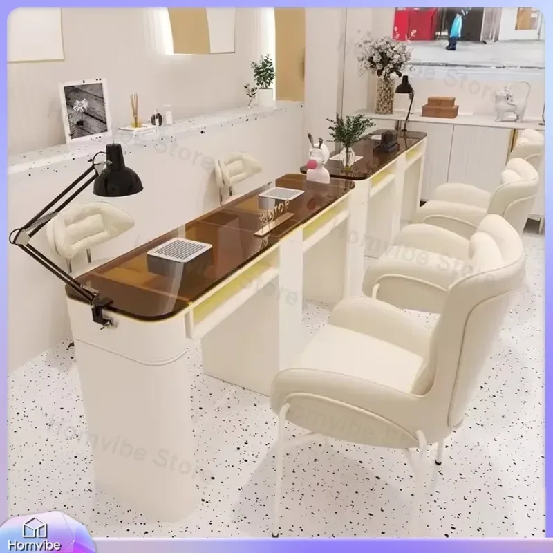 Modern Double Manicure Table with Glass Countertop for Nail Salon Furniture Vacuum Cleaner Built-in Luxury Nail Station