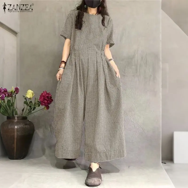 

ZANZEA Vintage Women Jumpsuits 2026 Summer O Neck Short Sleeve Playsuits Plaid Overalls Pants Rompers Wide Leg Trousers Oversize