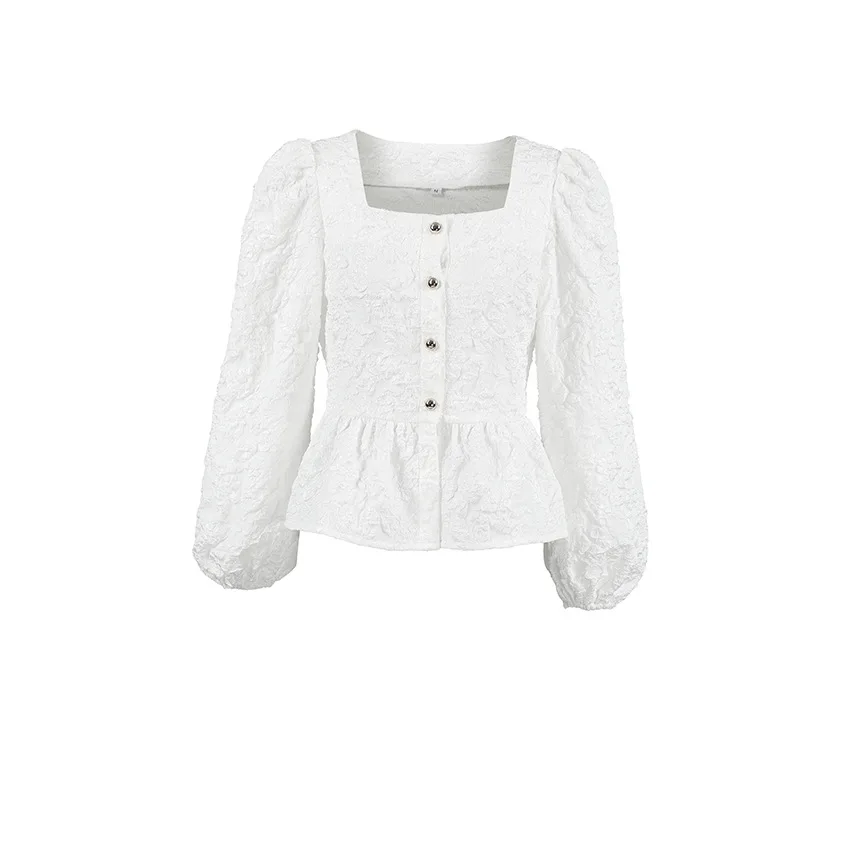 Ladies Elegant Jacquard Square Neck Puff Sleeve Blouse, Button Front Peplum Top for Party, Office and Daily Wear view 5