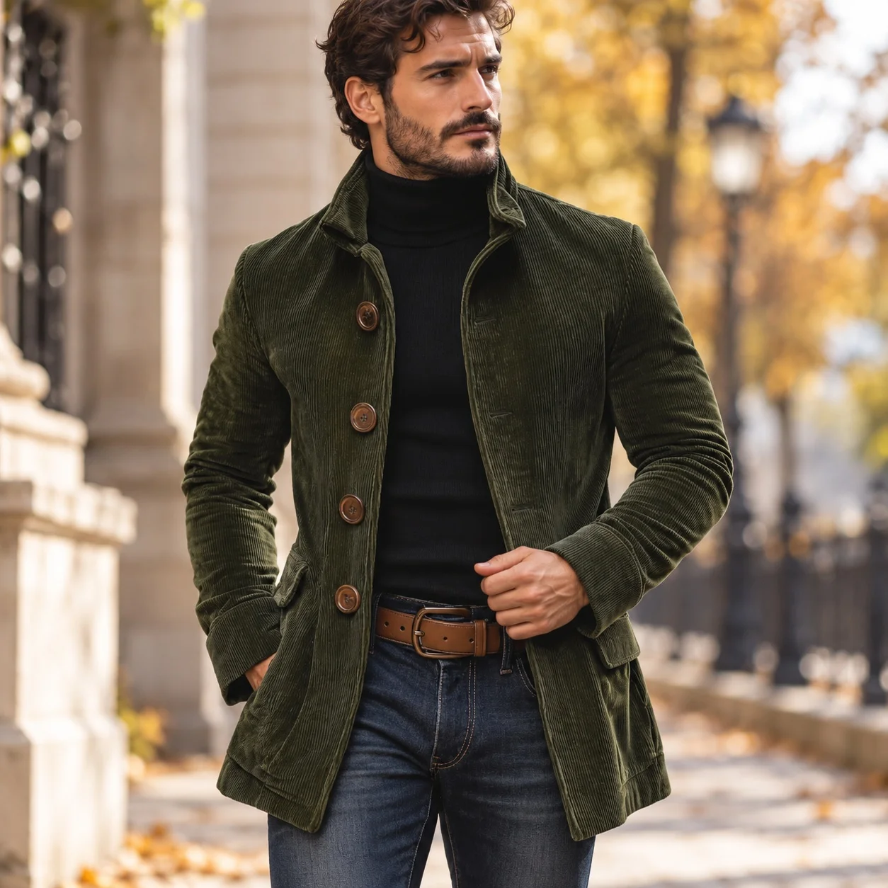 Stand Collar Button Front Coat Regular Length Outdoor Style with Autumn Long Sleeve Not Hooded Single Breasted Men Jacket