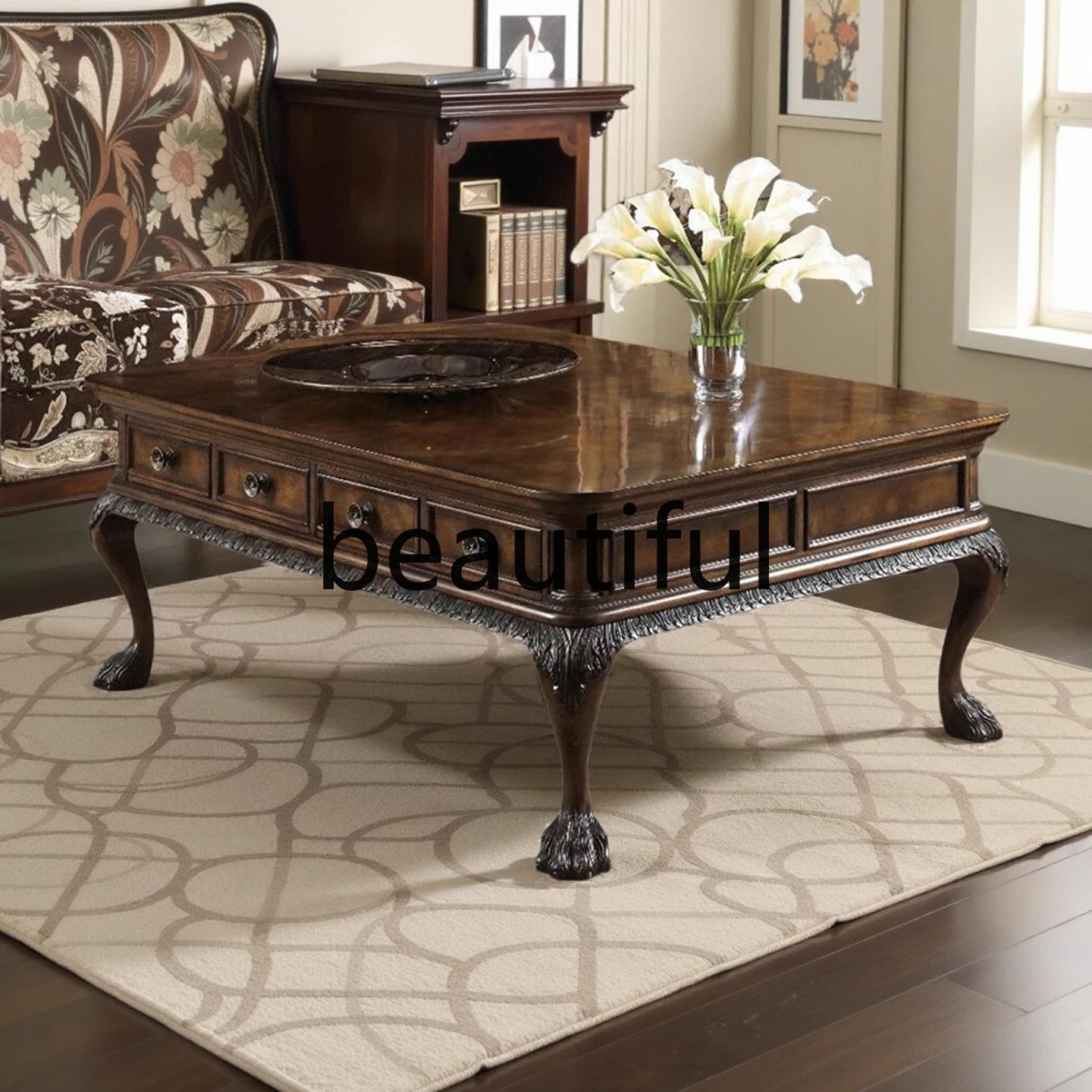 

American country old solid wood coffee table retro carved storage coffee table living room European furniture