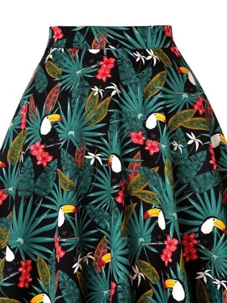 Harajuku Vintage 60s Woodpecker Print  A Line Skirts 2024 New Holiday Tropical Pin Up Swing Skater Knee Length Women Print Skirt