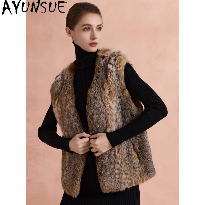 Casacos de Pele Real AYUNSUE para Mulheres, Coletes de Lince para Mulheres, Jaqueta Curta de Pele Nova em Moda Externa, Casaco de Pele Estiloso para Mulheres