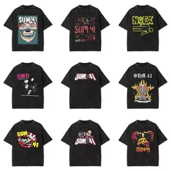 Streetwear Washed T-Shirt Sum 41 Band Cotton T-Shirts Funny SUM41 Punk Fashion Tee Shirt for Man Summer Awesome Casual Tops
