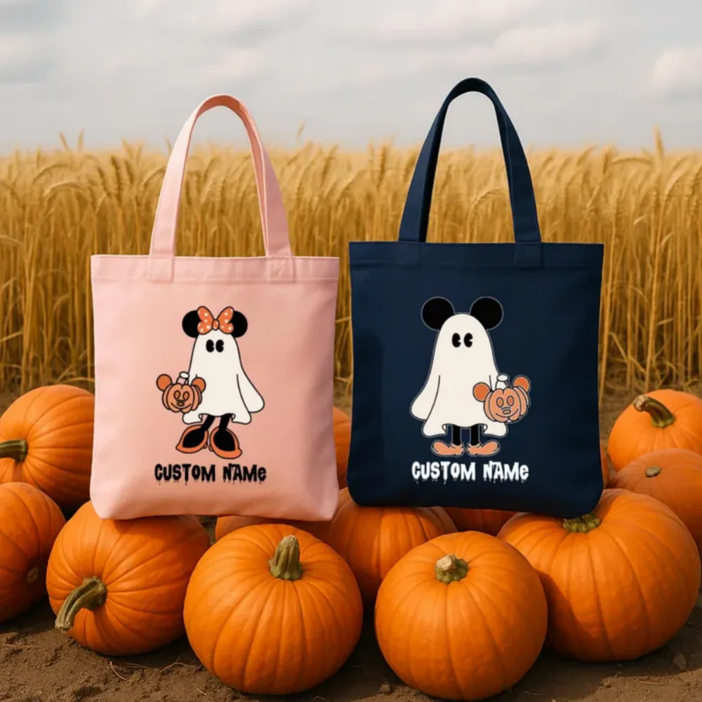 حقيبة حمل مخصصة للهالوين، حقيبة خدعة أو علاج لشخصية شبح، حقيبة يقطين تحمل اسم مخصص، حقيبة حلوى الهالوين للأطفال، حقيبة ميكي ميني