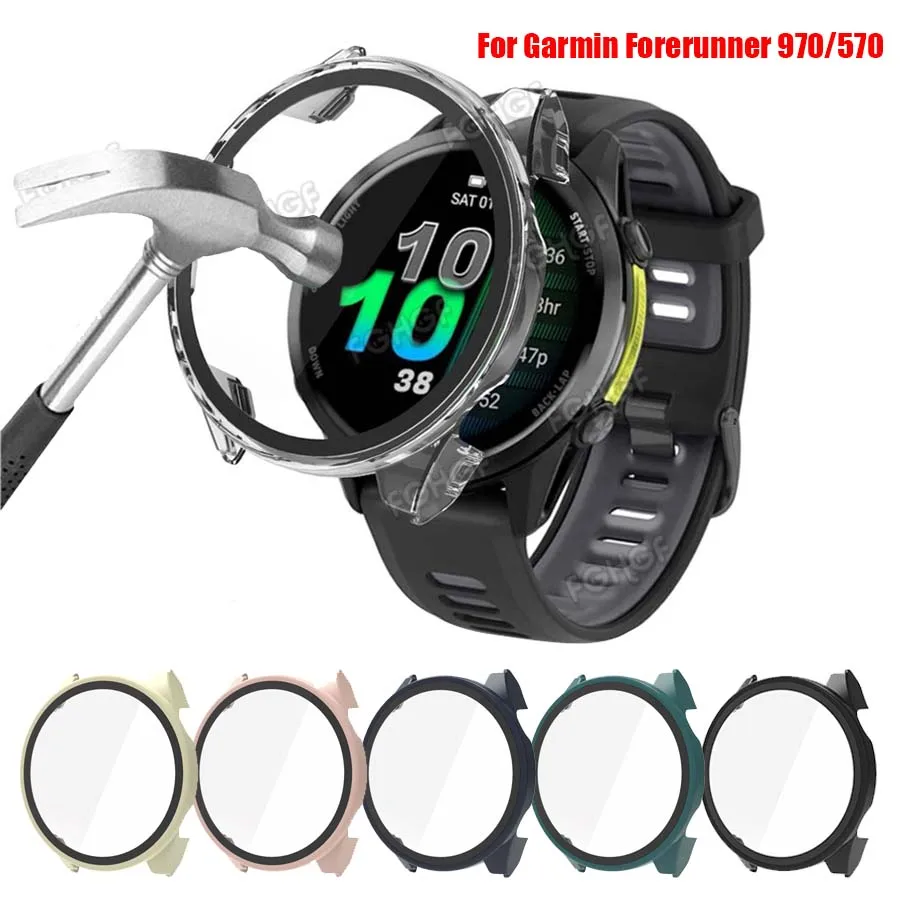 Закаленное стекло + жесткий чехол для ПК для Garmin Forerunner 970 570 42, 47 мм, защитная пленка для экрана, полное покрытие, защитный чехол, аксессуар-бампер