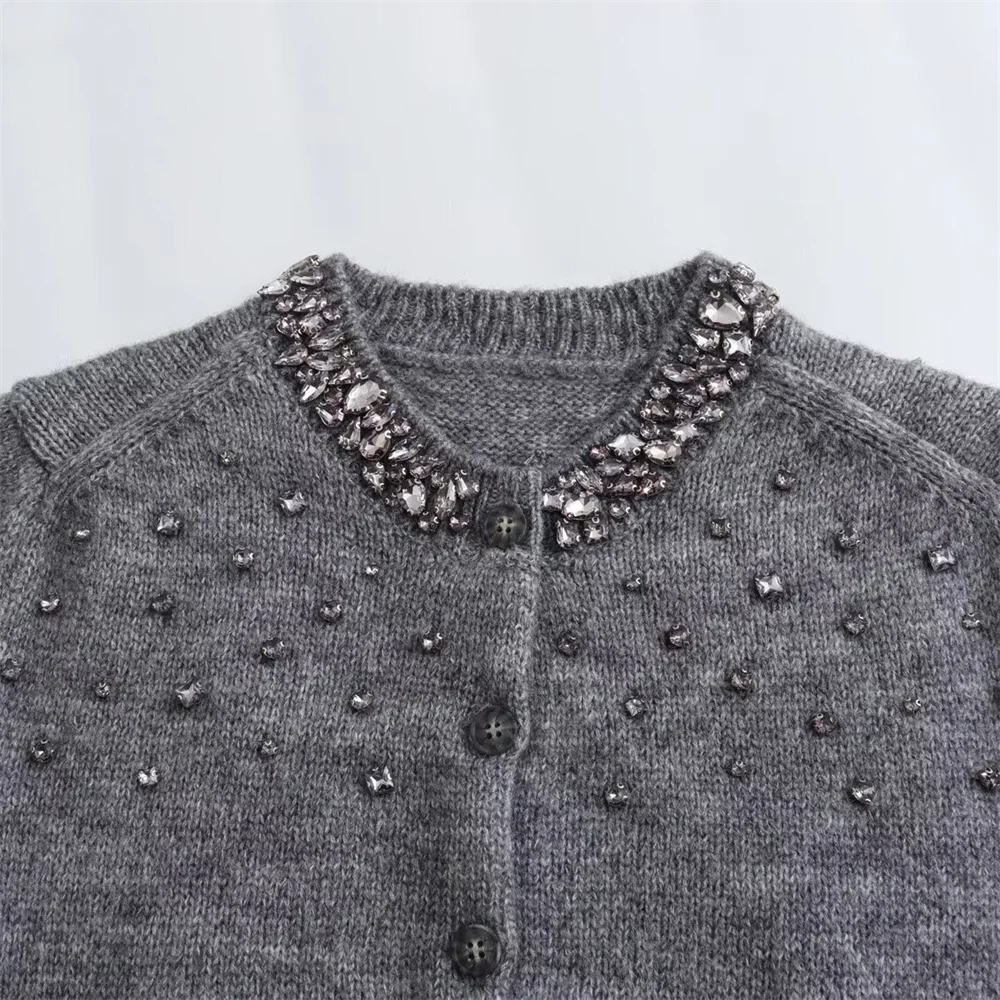 Zach Ailsa 2024 Spring New Product Women\'s Fashion Jewelry Embedding Rib Decoration Round Neck Short Sleeve Knitted Coat