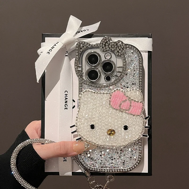 IPhone 16 Pro Max Phone Case New Fashion Flash Drill Hello Kitty Cartoon Cute Electroplated Silicone anime Creative Protective