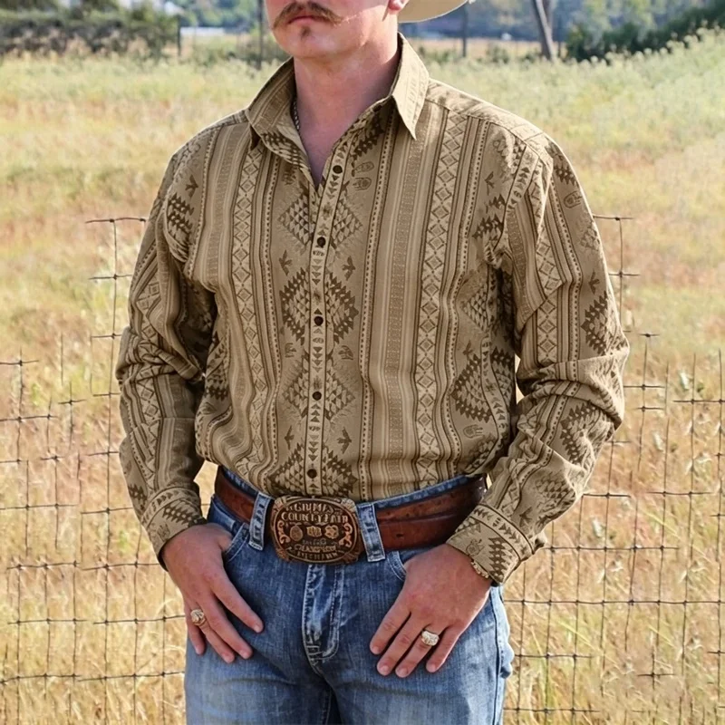 Men's Long Sleeve Western Retro Navajo Ethnic Print Shirt, Country Cowboy Collar Casual Blouse view 5