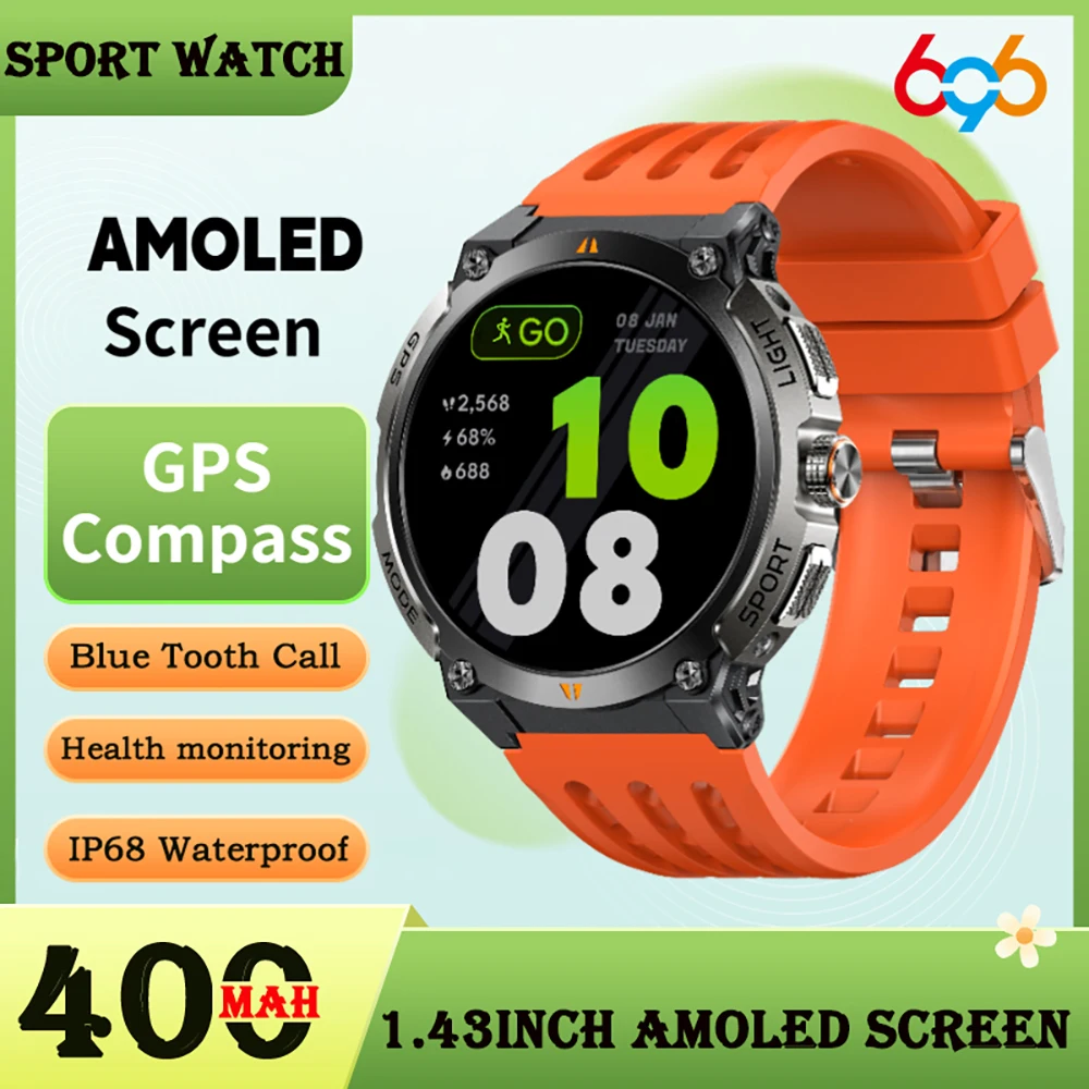 696 AMOLED شاشة الرياضة في الهواء الطلق GPS البوصلة ساعة ذكية بلوتوث دعوة معدل ضربات القلب مراقبة النوم مقاوم للماء الموسيقى Smartwatch