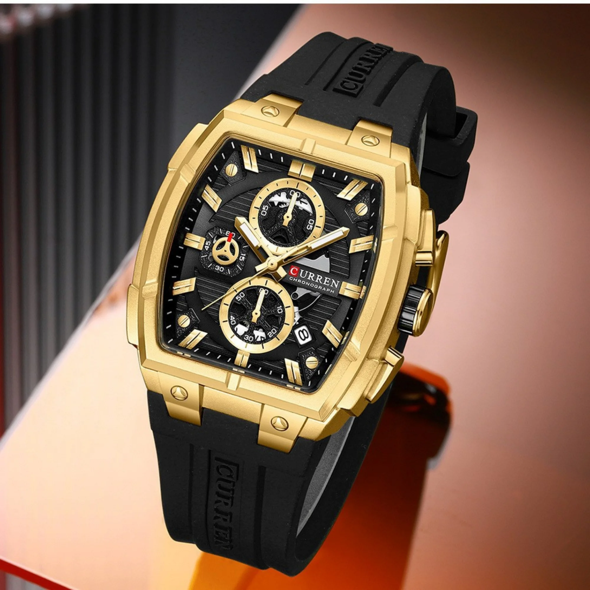 CURREN Men Square Quartz Luminous Hands Date Display Silicone Strap Sports Wristwatch Fashion Luxury Casual Gift For Gentlemen