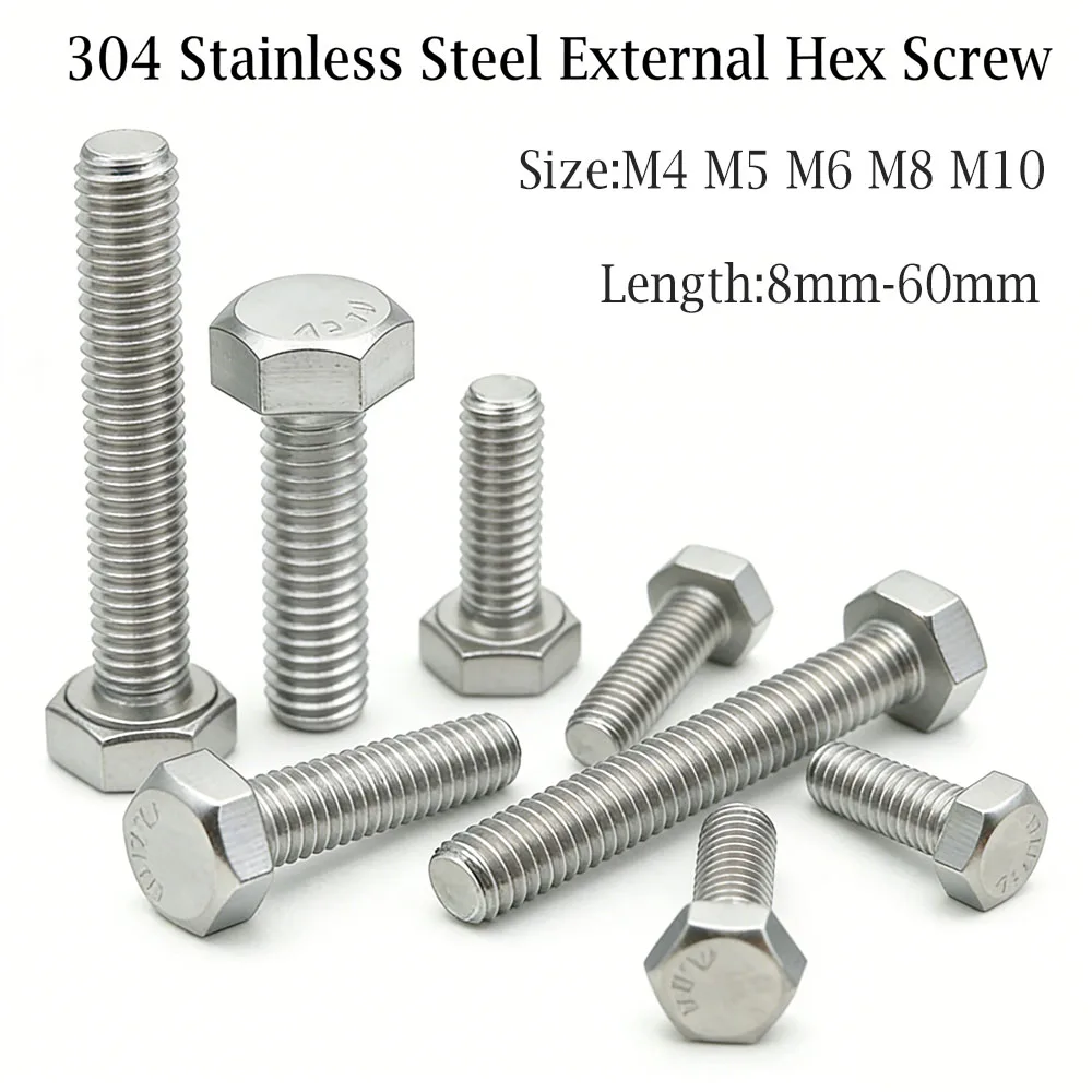 

1-25pcs Hex Head Screws M4-M12 304 Stainless Steel A2-70 Outer Hex Bolts 8-60mm for General Fastening Projects