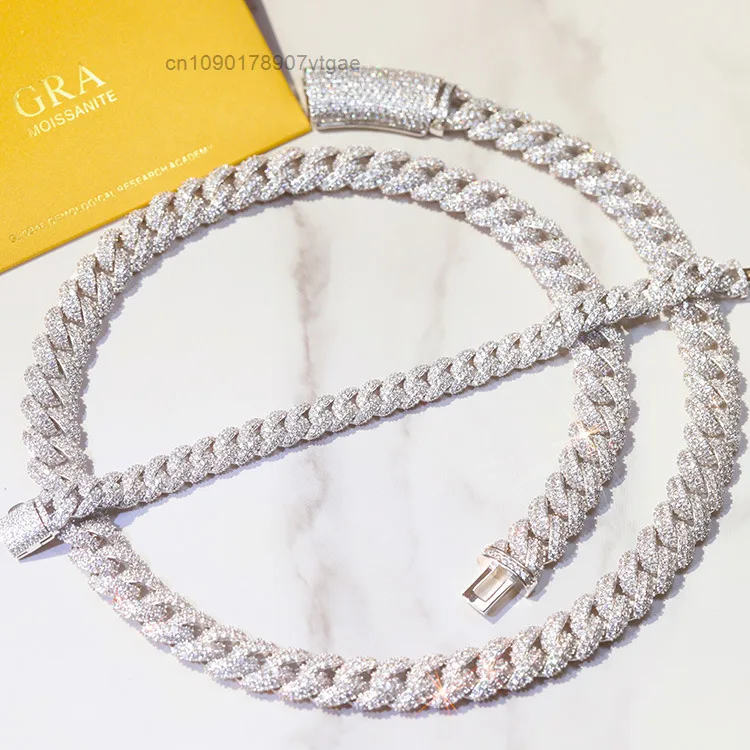 Hop Hip Chain 6mm 9mm 13mm Iced Out 925 Solid Silver VVS Moissanite Pass Diamond Tester Jewelry Cuban Link Chain Necklace.