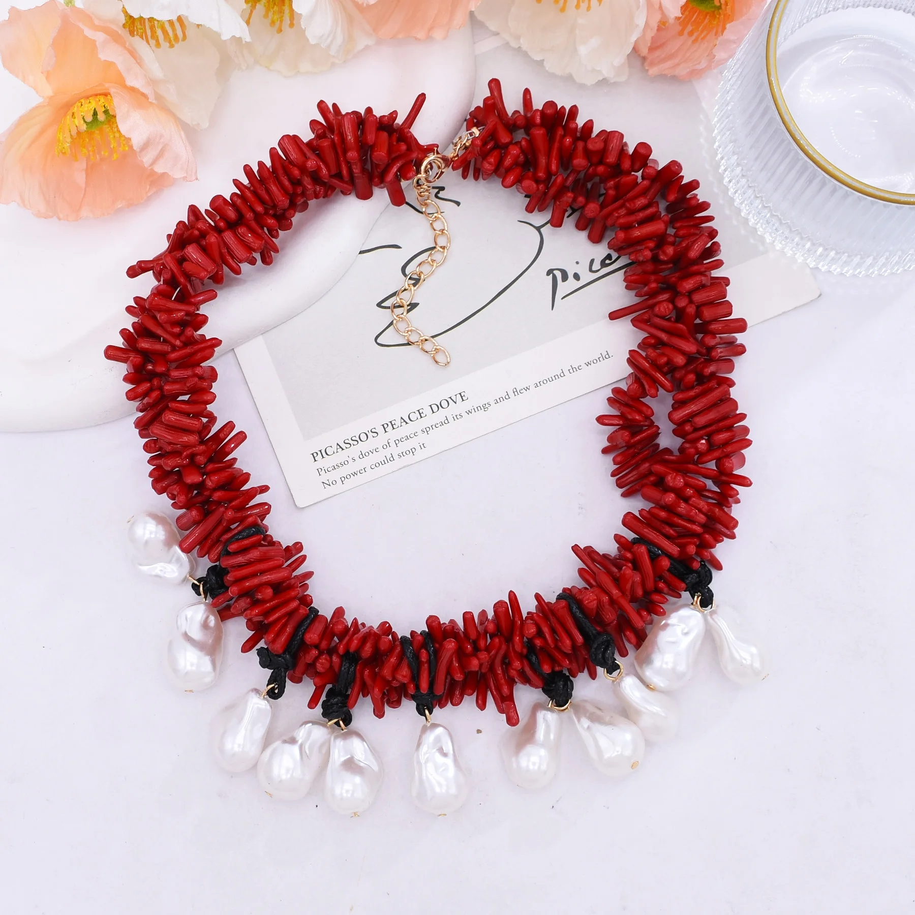 موضة المرجان الأحمر تقليد الباروك اللؤلؤ قلادة قلادة للنساء متعدد الطبقات سلسلة البوهيمي اليدوية مجوهرات الإكسسوار #3