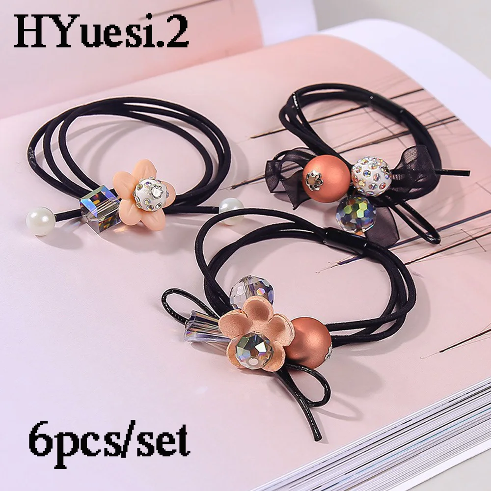 6pcs/Set Flower Crystal Ball Charms Hair Ties With Ribbon Elegant Bow Beaded Hair Ropes Women High Elastic Ponytail Rubber Band