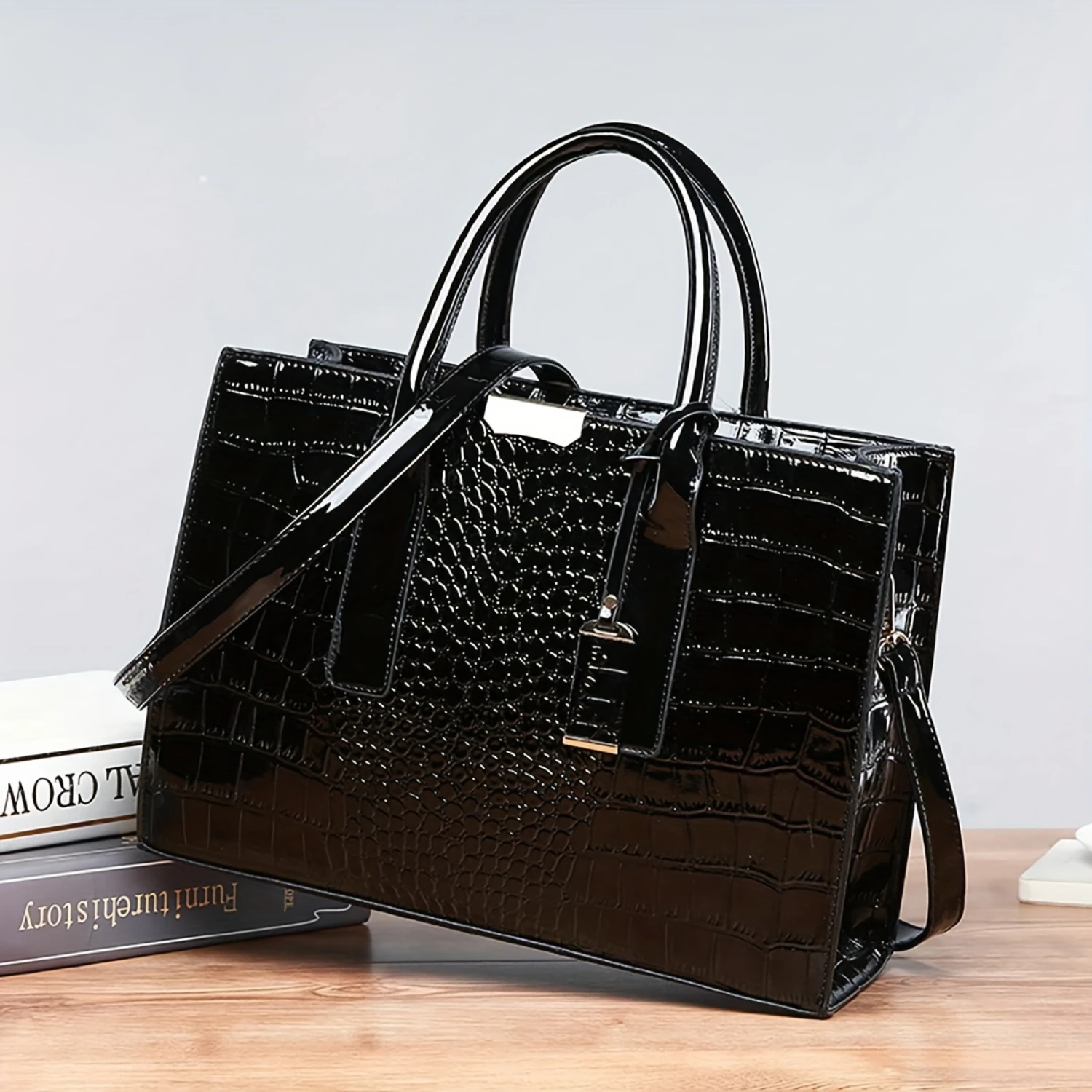 

Solid Color Crocodile Pattern Square Tote Bag, Classic Trendy Shoulder Bag, Women's Textured Commuter Bag