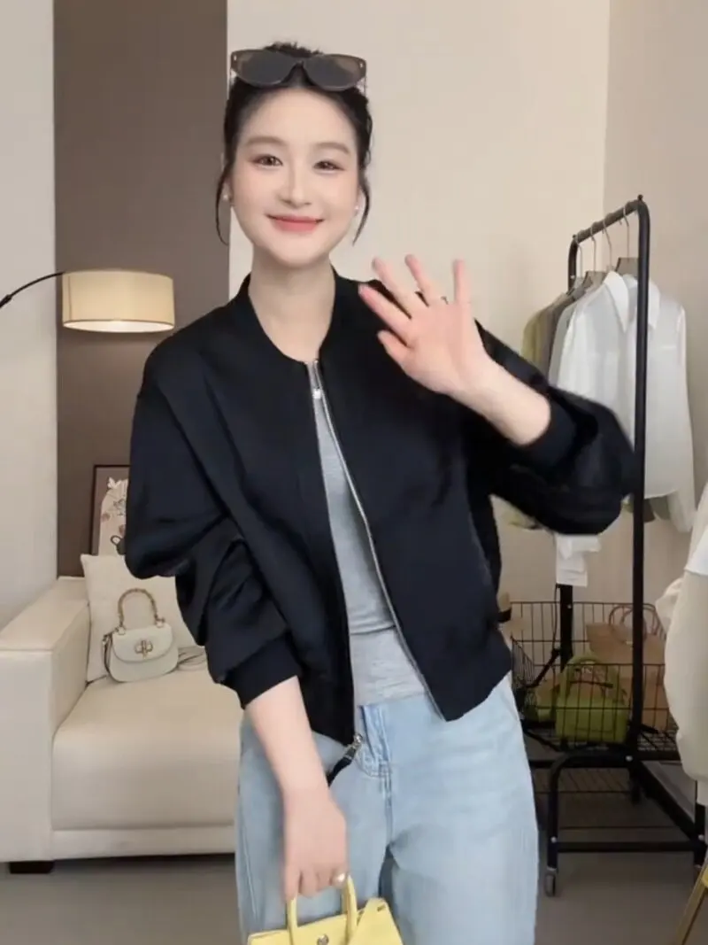 

Spring 2026 Women's Baseball Jacket Short Style Loose Fit Casual Korean Trendy Popular Versatile Coat Top Bright Surface