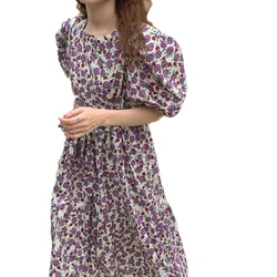 Vestido floral plissado de maternidade para mulheres, cintura solta, vestido floral para gravidez, linha A, manga curta, bainha plissada, retro, gola quadrada