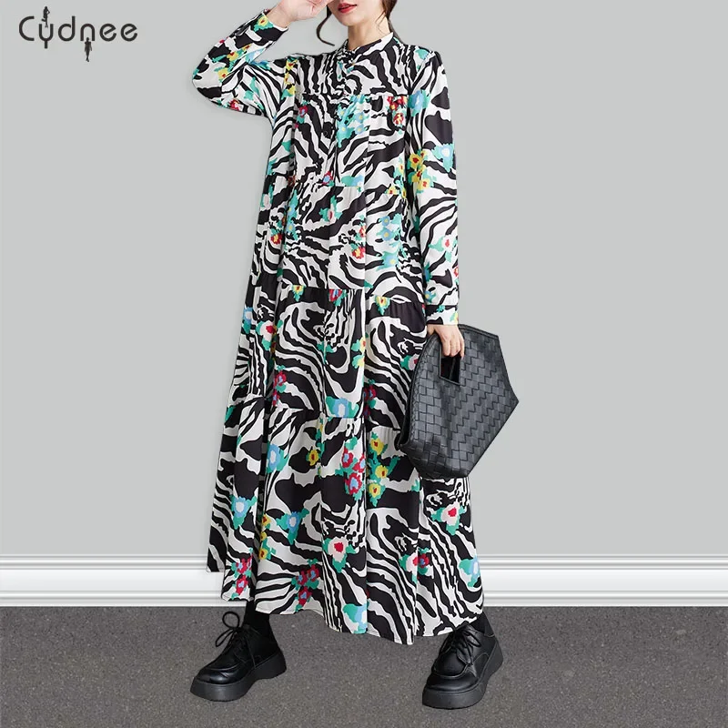 Tiered Fashionable Shirt Dress Terraced Fields Printed Stylish Apparel Trendy Casual Black T-Shirt Dress For Women