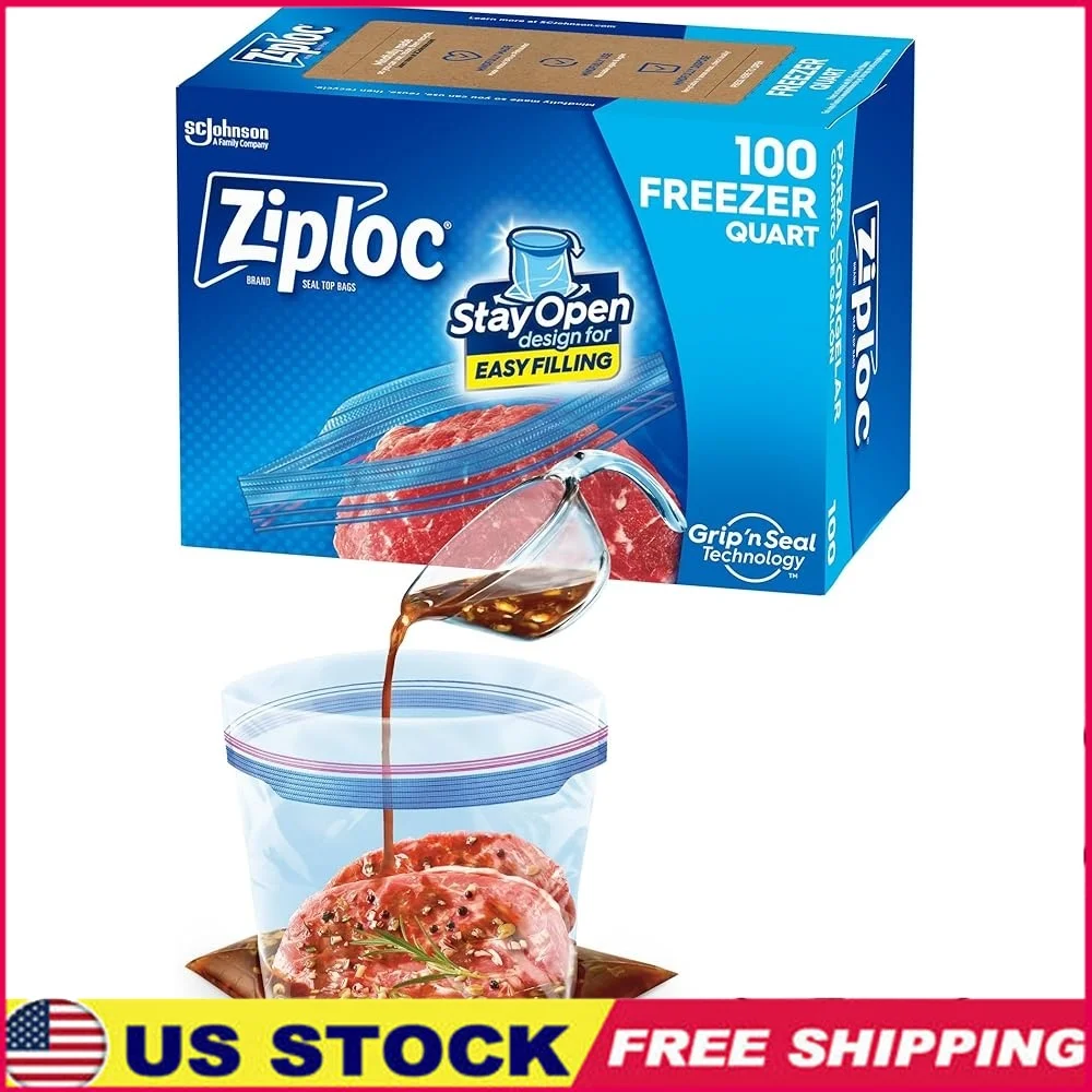 

Quart Freezer Bags Stand Up Design Grip n Seal Technology Easy Open Closure 100 Count Food Storage Bags Zipper Seal