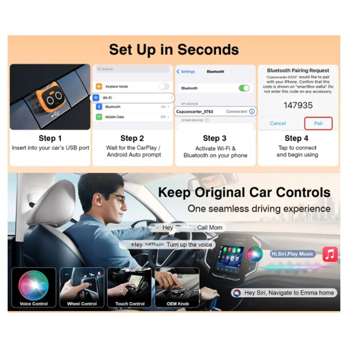 update. Mini Wireless Carplay for Android Auto & CarPlay Adapter 2.4Ghz&5Ghz WiFi BLE Auto Connect OTA Upgrade Box Orange
