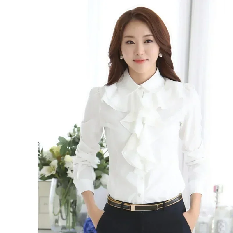 

Blouse Women Flounce White Shirt Women's Long-Sleeved Chiffon Shirt Top Blusas Mujer De Moda