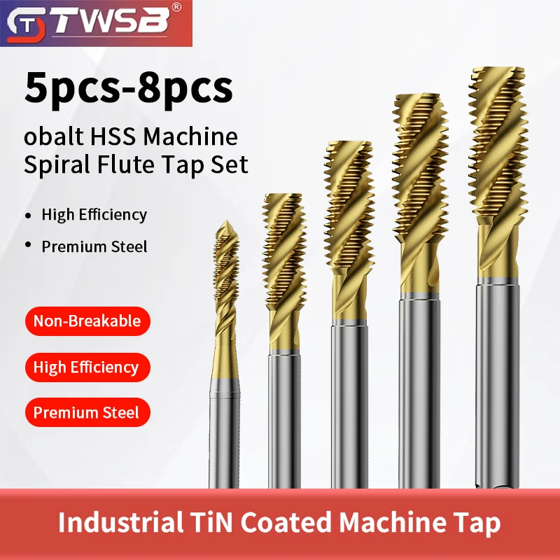 

Набор из 8 желтых титановых метчиков, спиральные метчики с кобальтовым покрытием, специализированные для нарезания резьбы по нержавеющей стали